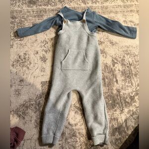 Striped Blue Top with Gray Overalls